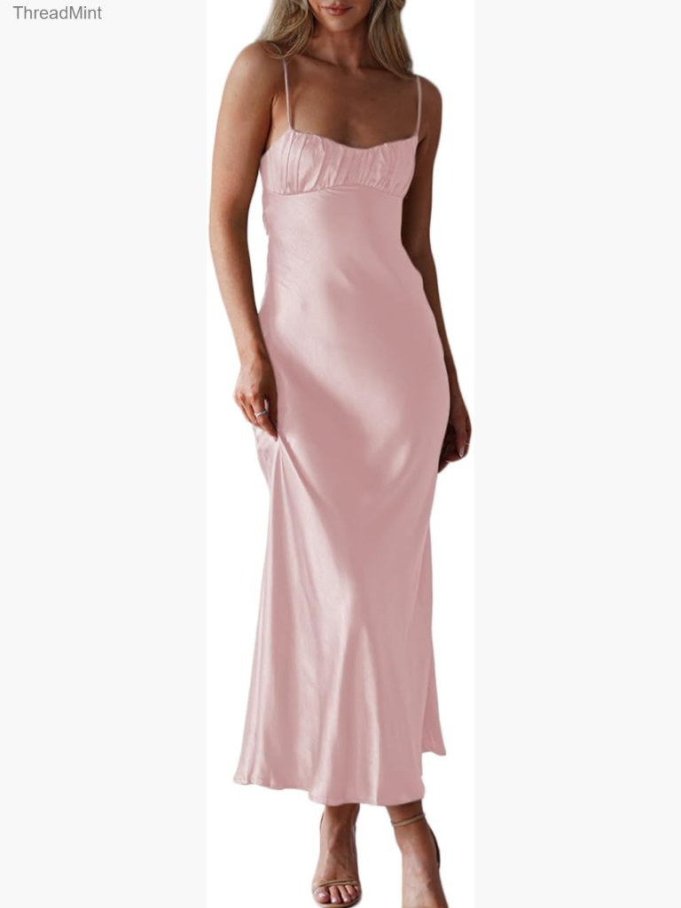 Satin Spaghetti Strap Backless Twist Cut Out Midi Dress